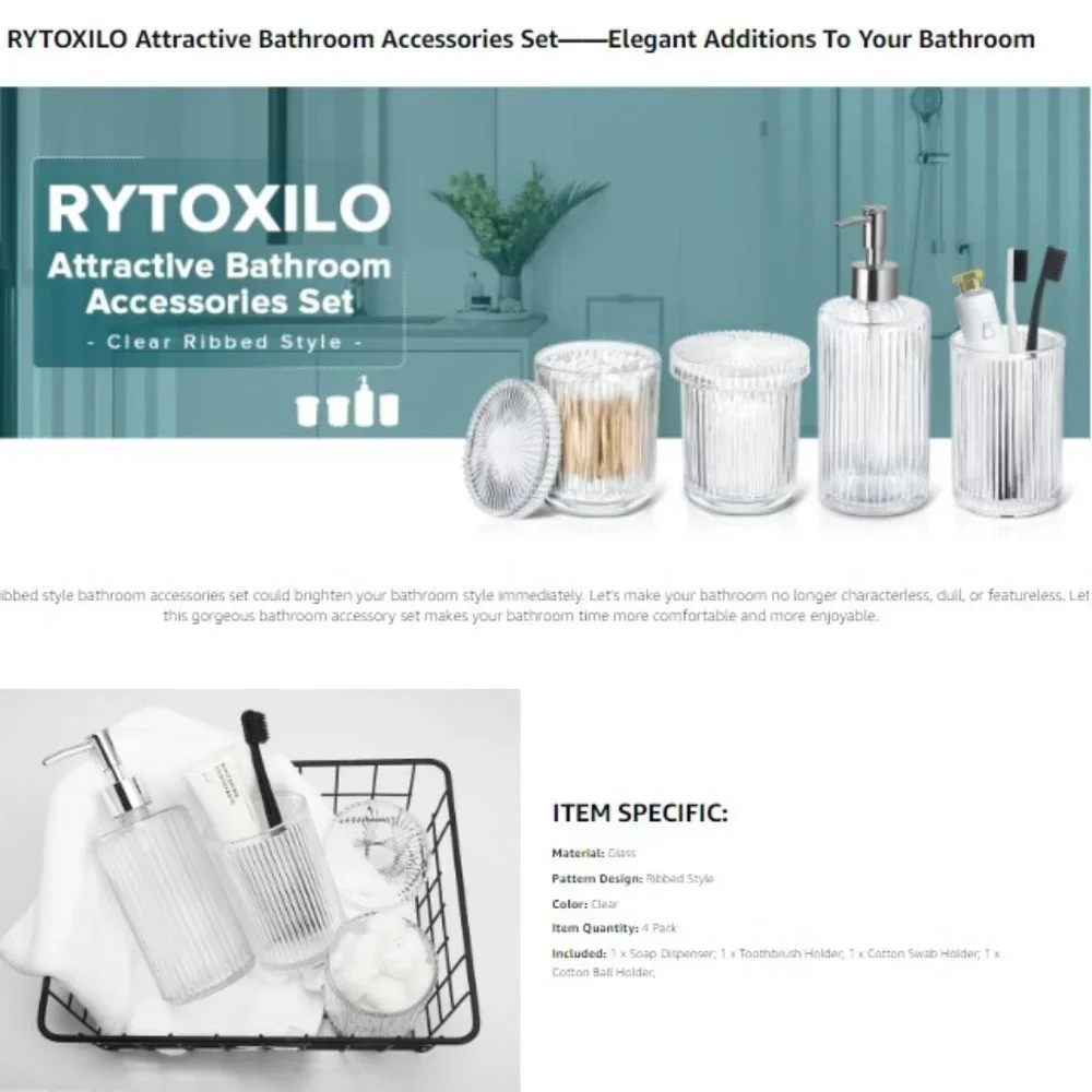4 pc - Ribbed Glass Bathroom Accessory Set  (Clear)